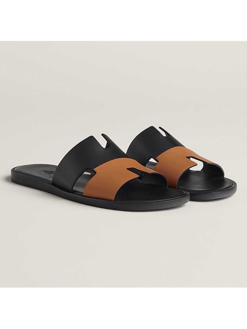 Hermes Izmir Sandals Noir Black Natural Brown Leather 41.5 Discontinued